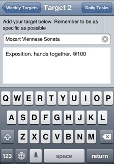 weekly practice targets screen in the music practice app